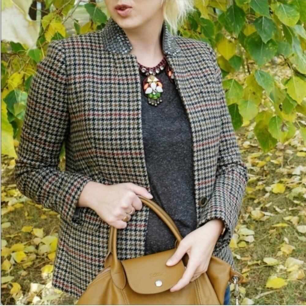 J.Crew Regent houndstooth embellished blazer jacket XS 2 jewel collar rhinestone - Picture 3 of 10